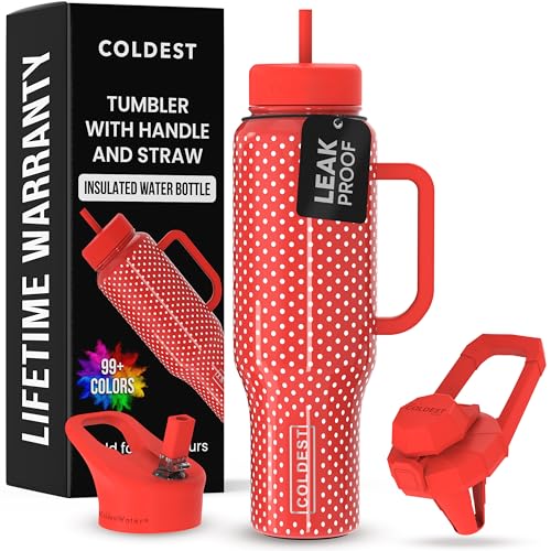 Coldest Tumbler with Handle and Straw - 100% Leak Proof Insulated Tumbler with Lid and Straw (3 Lids) - Stainless Steel Tumblers for Women & Men - Cup Holder Friendly Base, 46 oz (Red Dress)