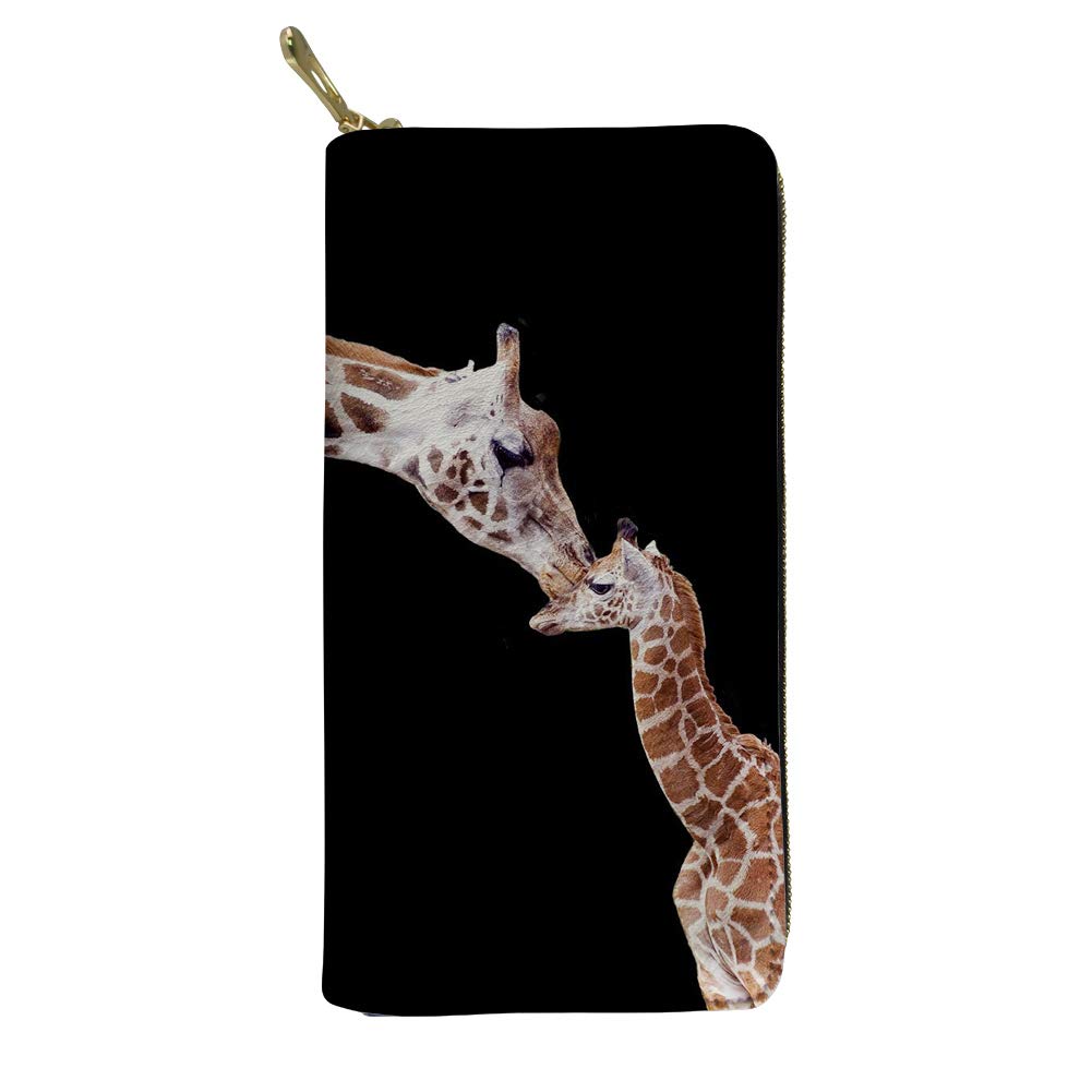 HUGS IDEA Giraffe Animal Printed Mother Love Long Leather Wallets, Outdoor Holiday Zipper Around Clutch Purse Waterproof