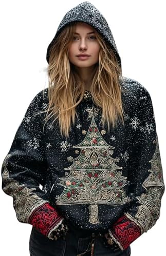 Christmas Hoodie Funny Christmas Hoodies for Women UK Oversized Festive Pullover with Graphic Print, Long Sleeve Soft Sweatshirt Featuring a Front Ladies Funny Jumpers A Black