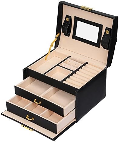 Jewellery Box, Jewellery Oganiser, LEMAIJIAJU Three Layers PU Leather Jewelry Storage Box with Mirror and Lock, Perfect as Gift for Girls and Women,Black