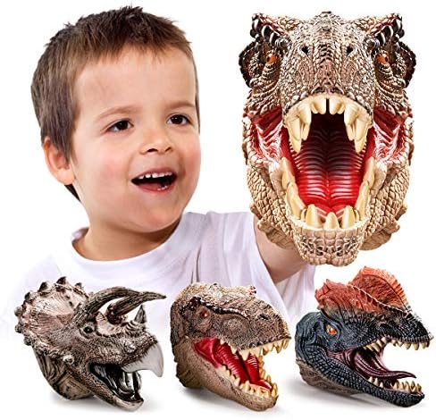 Geyiie Dinosaur Hand Puppets, Soft Rubber Dinosaur Toys Set, Realistic Tyrannosaurus, Dilophosaurus, Triceratops Puppet Toys for Kids Boys Girls Adult, Party Favor Gift Imaginative Play, 3 Pack