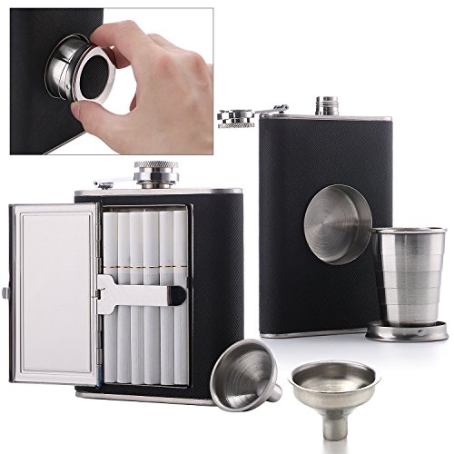 Flask Set [2017 Gift for Men] - Cigarette Flask (1) + Shot Glass Flask (1) + Funnel (2) (Cigarettes Not Included)