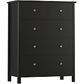 HOUSUIT Dresser with 5 Drawers, Tall Chest of Drawers, 5 Drawer Dresser with Deep Space, Wood Storage Cabinet for Living Room, Hallway, Office, Black