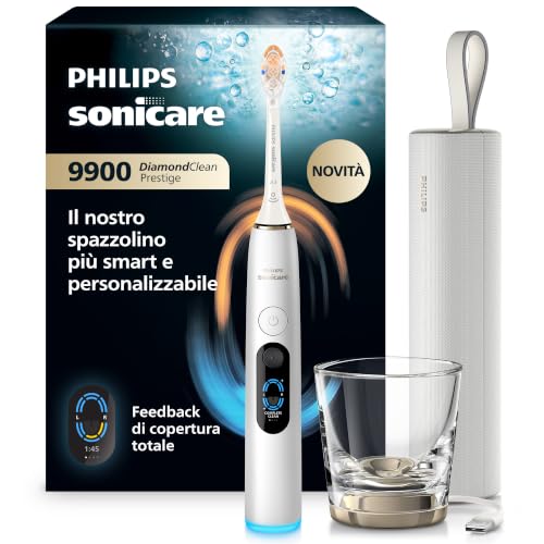 Philips Sonicare Next-Generation DiamondClean 9900 Prestige Sonic Electric Toothbrush − with SenseIQ, Smart Coverage Feedback, Smart Pressure Feedback and 24 Settings, Silver White, HX9813/91