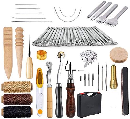 AIVS 59 Pieces Leather Craft Hand Tools Kit for Hand Sewing Stitching, Stamping Set and Saddle Making Including Instructions