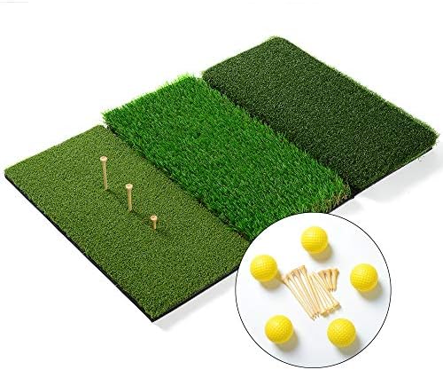 WHHW Foldable 16 x 25 inches Tri-Turf Golf Hitting Mat for Indoor & Outdoor | Portable Training Aids with Adjustable Tees and Foam Practice Balls for Driving, Chipping, Putting…