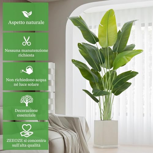 ZEEOZE Artificial Plant Bird of Paradise 200 cm High Fake Tropical Palm Tree for Indoor Outdoor with 15 Leaves Banana Tree Indoor Fake Tree with White Asus for Bed Garden Office Decoration