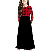 KYMIDY Girls Maxi Dress Kids Buffalo Check Plaid Long Sleeve Casual Dresses with Pockets for Girls 6-14 Years