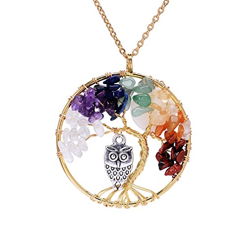 Gold Plated Family Tree of Life Birthstone Chakra Necklace for Women Root 7 Chakra Gemstones Tree of Life Pendant Rainbow Stone Necklace with Owl Full Moon Tree of Life Wire Wrapped Necklace Jewelry