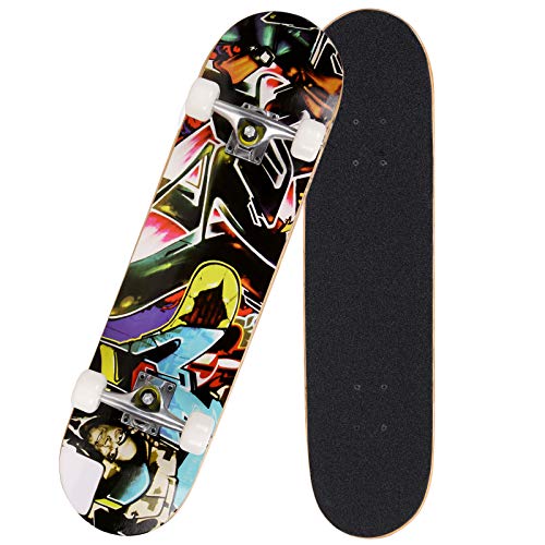 Hosmat 31″ Complete Pro Skateboard 7 Layer Canadian Maple Wood Skateboard Deck with Double Kick Concave Design for Kids & Adults Beginner – Age 5 Up