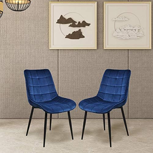 Dining Chairs, Rockjame Set of 2 Modern Leisure Upholstered Side Chairs, Velvet Cushion Seat and Mid-Back Support with Metal Legs for Kitchen, Bedroom, Living or Waiting Room (Blue)