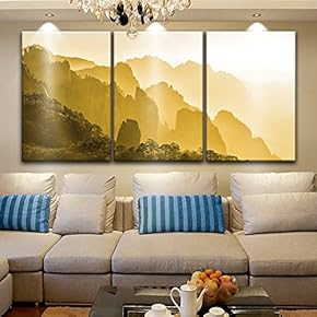 3 Panel Landscape of Mountains in Yellow Tone...