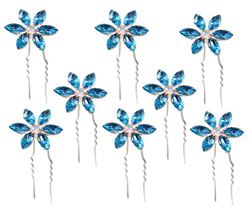 Blue Crystal Flower Hair Pins with Rhinestone for Bridal, Wedding, and Prom Accessory (Set of 8) - Thumbnail 3