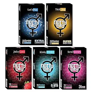 NOTTY BOY Condom Honeymoon Surprise Pack- Ribbed, Extra Dotted, Ultra Thin, Plain, Lubricated, Smooth and Strawberry Flavoured Condoms - (5x10s)