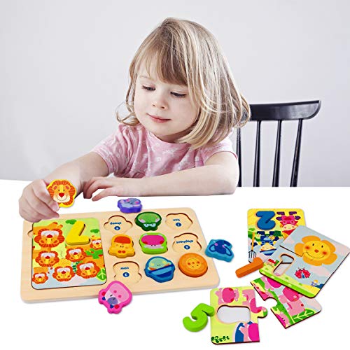 Dreampark Wooden Toys for Kids, Animal Shape Matching Game Number Counting Puzzle Board Educational Montessori Toys for 3 4 5 Years Old, Preschool Learning Color Recognition Blocks for Boys and Girls