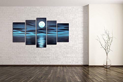 FLY SPRAY 5 Panels Framed 100% Hand Painted Oil Paintings Full Moon Hanging On The Dark Blue Sky And Sea Modern Abstract Canvas Wall Art Living Room Bedroom Office Decor Of Home Decoration
