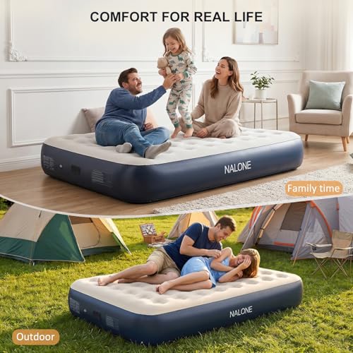 NALONE Colchón Hinchable 2 Plazas con Inflador 191x137x33cm, Colchón Inflable Matrimonio Autohinchable Cama Hinchable Eléctrico para Uso Doméstico Y Camping