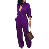 SxClub Jumpsuits for Women Formal Sexy Elegant Long Straight Pants Busineess Party Jumpsuit with Belt Pockets