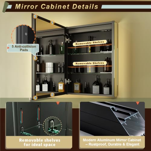 GANPE LED Illuminated Bathroom Mirror with Single Door, Deflog, Continuous Dimming, 3 Colour Memory, Storage Shelves, Sockets and USB (50 x 70 cm)