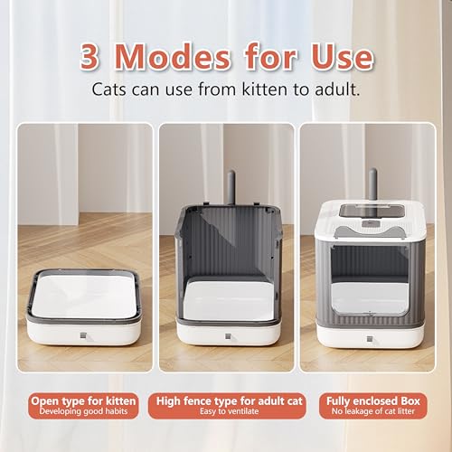 Upgraded Fully Enclosed Cat Litter Box with Lid, Covered Cat Box Enclosure, Anti-Splashing Easy to Clean Kitty Litter Boxes with Drawer, 3 Modes can Use from Kitten to Adult