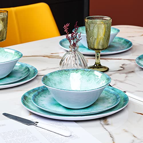 Melamine Dinnerware Set 12pcs Plates and Bowls Set, Indoor and