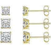 3 Pairs of 14K Gold-Plated Square Cubic Zirconia Stud Earrings, 3mm / 4mm / 5mm Size, S925 Silver Ear Needle, Low Allergenic, Suitable for Both Men and Women