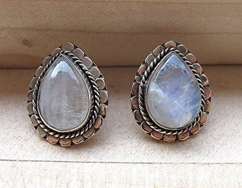 Natural Moonstone Drop Stud Earrings, Oxidized Sterling Silver Stud Earrings, Gemstone Earrings, White Studs - Bridesmaid Gifts