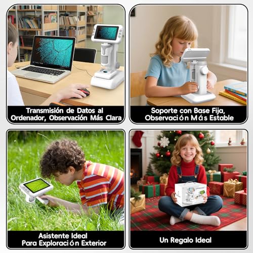 Charmofun Kids Microscope, Portable Kids Microscope with 64G Memory Card, Children's Digital Microscopes with 4" LCD Screen, 1600X Magnification, Photos and Videos, Portable and Fixed Function
