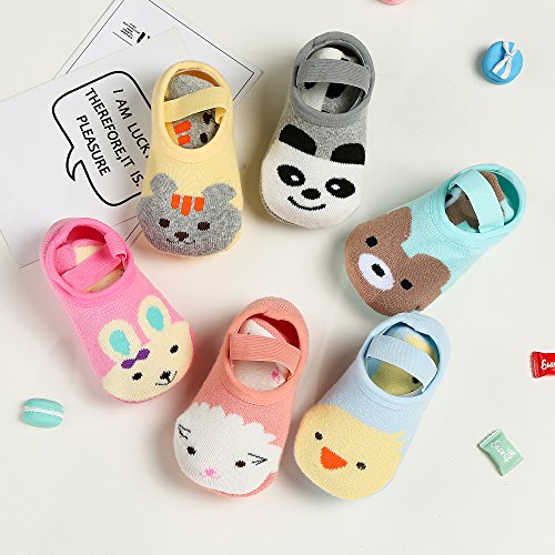 Dicry 6 Pairs Baby Girl Non Skid Mary Jane Socks Cartoon Animal Toddler Socks for 12-24 Months