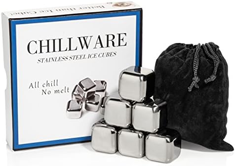 CHILLWARE Stainless Steel Ice Cubes-Chill your Drink in Style without Dilution-set of 6 Reusable Whiskey-Wine Beverage Coolers with Carrying Pouch and Classic Gift Box