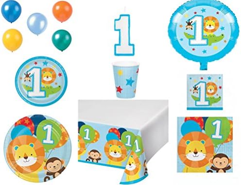 Disposable Plates, Napkins, Cups, Tablecloth, Balloons, One Is Fun Boy Themed Party Pack, 8-Piece Bundle.