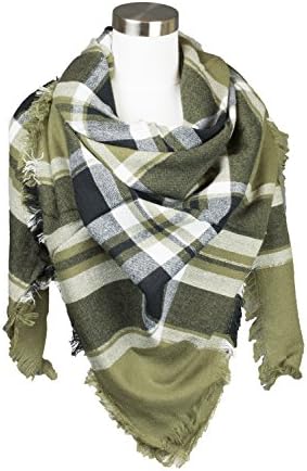 Womens Blanket Square Scarf in Multi-color Plaid Pattern Design (Olive)
