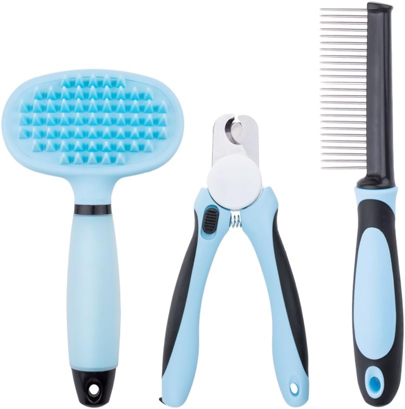 RundA Pet Grooming kit - Pet Shedding Comb Dog Nail Clippers Bathing Massage Brush for Dog and Cat (Blue)