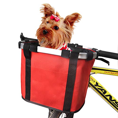 ANZOME Bike Basket, Folding Small Pet Cat Dog Carrier Front Removable Bicycle Handlebar Basket Quick Release Easy Install Detachable Cycling Bag Mountain Picnic Shopping Red