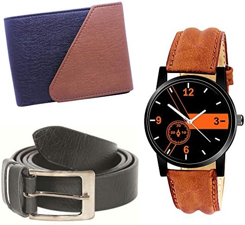 Latest Combo Pack of Multicolor RFID Blocking Leather Wallet, Analog Watch & Belt For Unisex XF_WBW_314