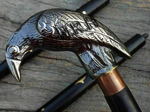 Antique Solid Brass Raven Head Handle Nautical Style Walk Stick With Black Wooden