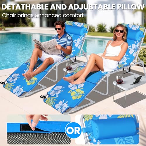 KingSom Tumbona Plegable con Agujero para la Cara, Tumbona Jardín Exterior con Mesa Plegable, Capacidad de 160kg,Tumbona Playa Reclinable de 6 Posiciones con Reposacabezas&Bolsillo,para Jardín,Piscina