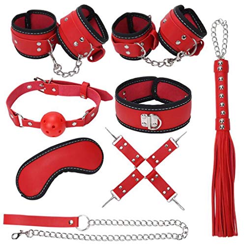 Luckly77 7Pcs Réstraints Bondage Romance Kit Bed and Under Bed Séx Play SM Bondage Hāndcuff Mouth Plúg for Couples Jeans Sunglass (Color : Red)