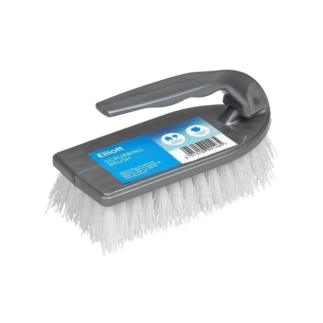 Elliott Iron Shaped Scrubbing Brush with Curved Grip Handle, Durable hard synthetic plastic fibres, Ergonomic shape ideal for deep cleaning, BPA free in a Silver colour