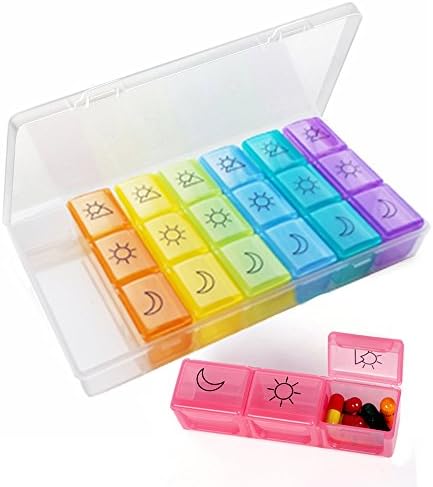 Weekly 7 Day Pill Organizer, 3 Times A Day Pill Box with Clear Case, Medication Vitamin Fish Oil Compartments Container, Rainbow Color