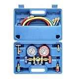 3 Way AC Diagnostic Manifold Gauge Set for Freon Charging, Fits R134A R12 R22 and R502 Refrigerants, with 3FT Hose, ACME Tank Adapters, Quick Couplers and Can Tap