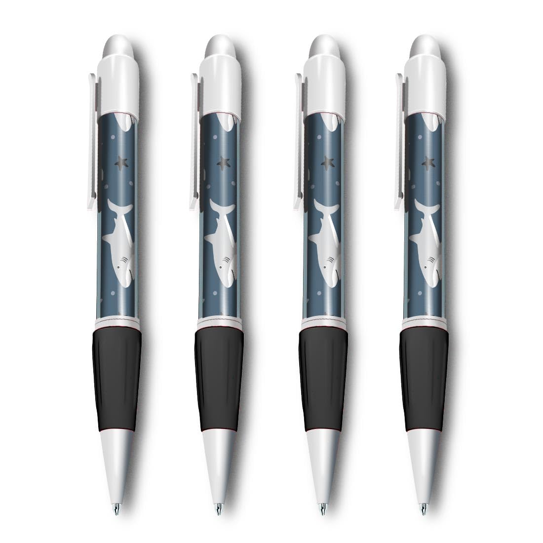Set of 4 White Ballpoint Pens (Photo Insert) - Shark Great White Stars Boys Kids - Soft Feel Finger Grip #170868