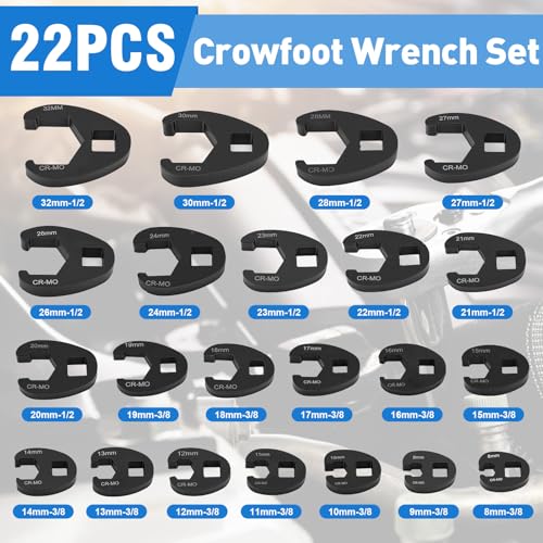 Crowfoot Wrench Set, 22 Pieces 1/2 Inch 3/8 Inch Drive Outdoor Square Wrench Set, 8-32mm Metric Drive Pipe Socket Set, Flared Nut Wrench