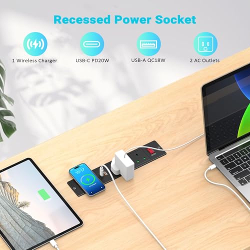 LBOYLOVE® Recessed Desk Power Socket, Hidden Plug Socket with 2 UK Plugs, 2 USB Ports, 15W Wireless Charging and 2M/6.56FT Cable, Furniture Power Strip with Overload Switch for Home Office Desktop
