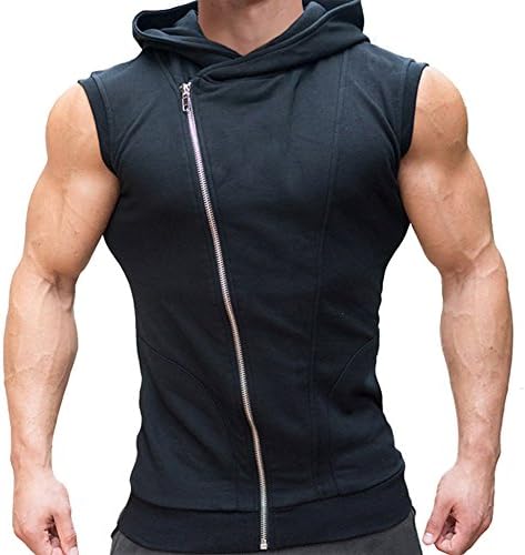Mechaneer Men's Workout Gym Bodybuilding Muscle Sleeveless Hoodie(Black M/Tag XL)
