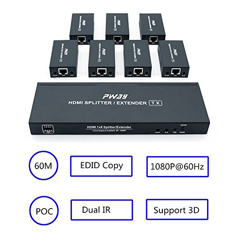 PW-HTS0107IR (POC) 1X7 Port HDMI Splitter Extender/Splitter Ultra HD 1080P Without Delay 60 m Over CAT6 Cable Supports EDID and IR (1 in 7 Out)