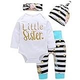 4Pcs Baby Girls Clothes Little Sister Long Sleeve Romper+Striped Long Pants+Hat