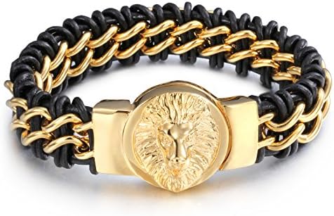 Yorwell Leather Bracelet for Men Lion Head Gold Bracelet for Men Stainless Steel Braided Bangle Cuff Black