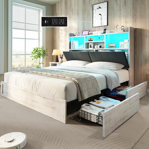 Jocisland Queen Farmhouse Bed Frame with Bookcase Headboard and 4 Drawers, LED Storage Bed with Charging Station & Linen Upholstered, No Box Spring Needed, Distressed White