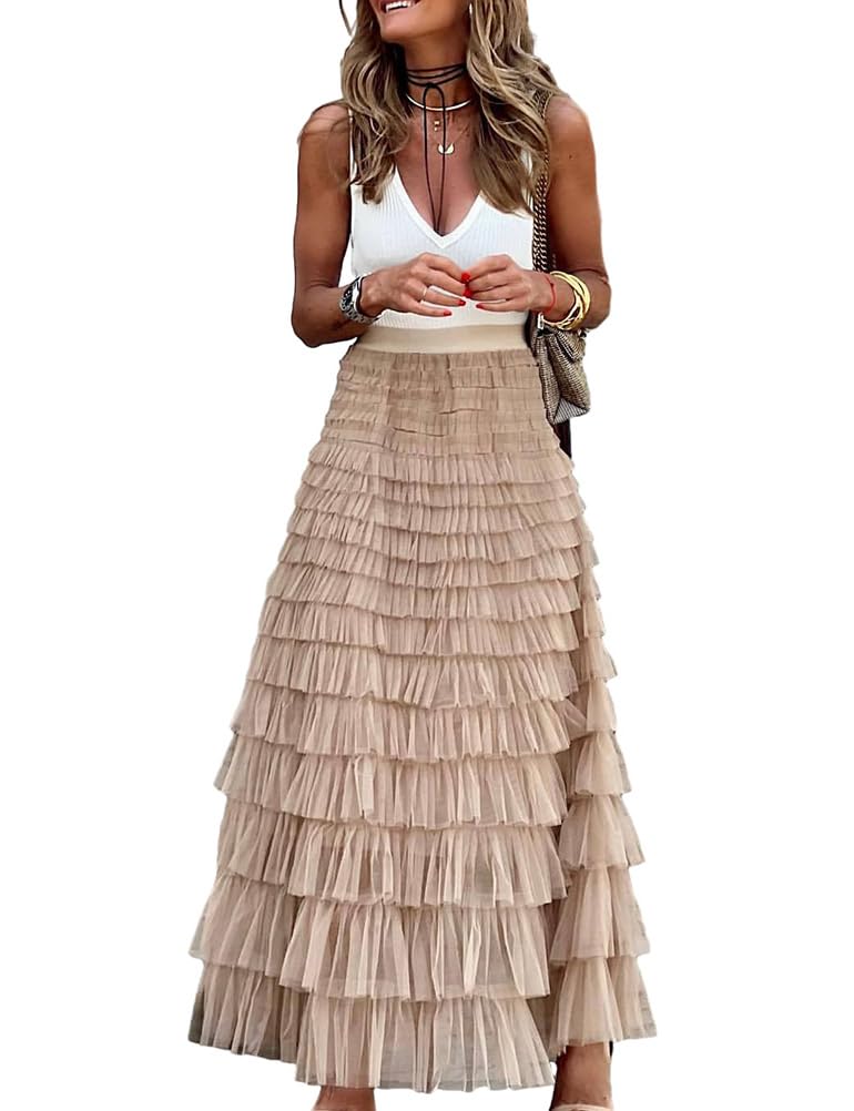 Photo 1 of Long Tulle Skirt for Women Trendy High Waisted A Line Fluffy Fairy Mesh Layered Ruffle Skirt(Khaki, M)